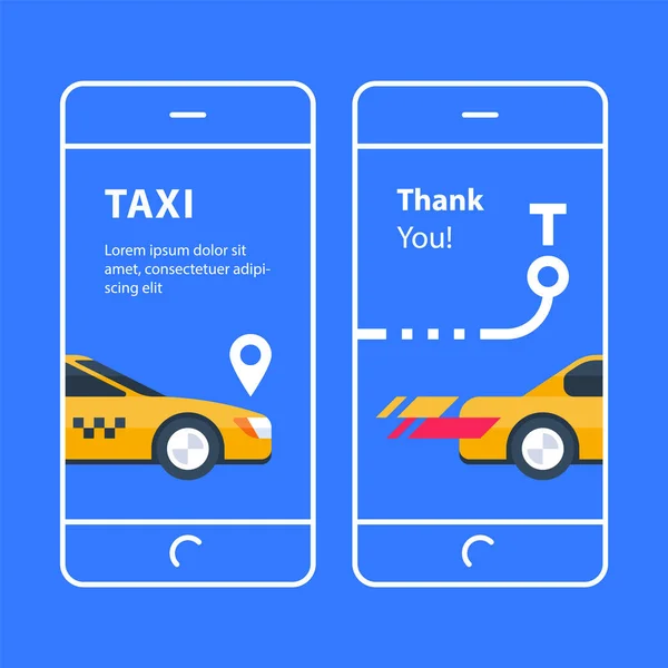 Желтое такси на синем фоне, услуги автотранспорта, прокат автомобилей, баннер мобильного приложения — стоковый вектор