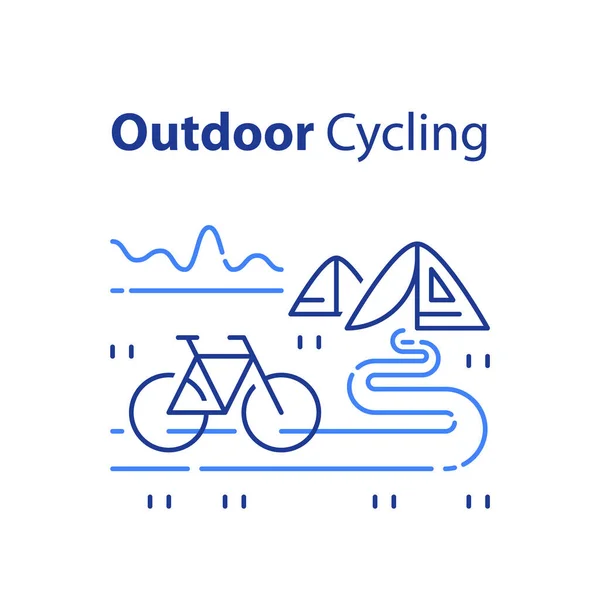 Открытая велосипедная концепция, езда на велосипеде, природный туризм, летний кемпинг, рекреационный парк — стоковый вектор
