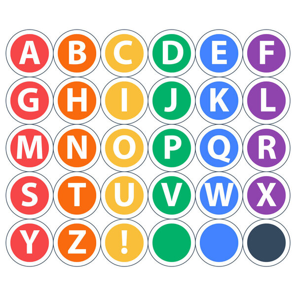 Colorful alphabet, set of letters in circles, cards for garland