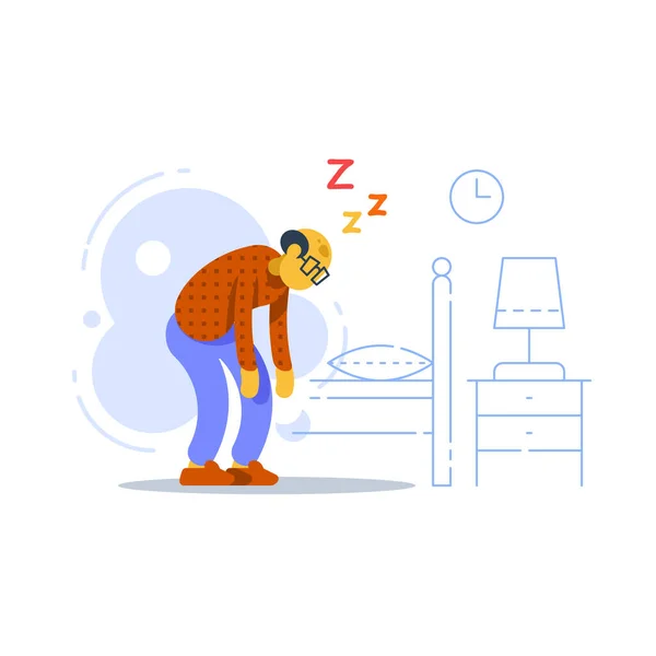 Uykulu yaşlı adam, uykusuzluk ya da düzensizlik, enerji eksikliği, halsizlik — Stok Vektör