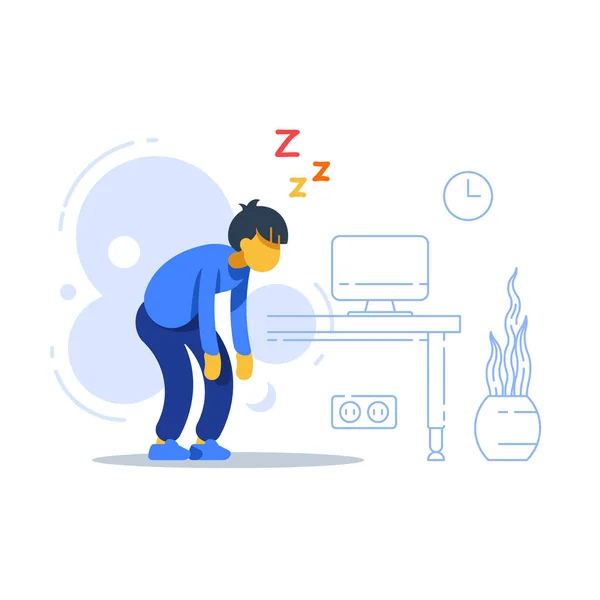 Álmos ember, alváshiány, unalmas munka, fáradt a feladatokkal, energiahiány, gyengeség — Stock Vector