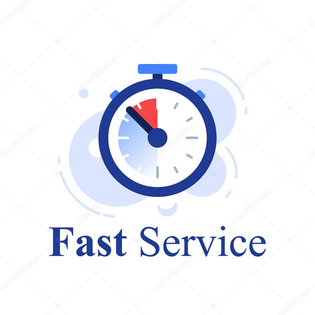 Fast service concept, last minute stopwatch, time clock, deadline timer, last offer countdown, quick order delivery, limited period, vector icon, flat illustration