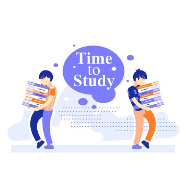 Liseli kız ve oğlan ağır kitap yığınları taşıyorlar, çalışmayla dolu, sıkı öğrenim öğrencisi, sınav hazırlığı