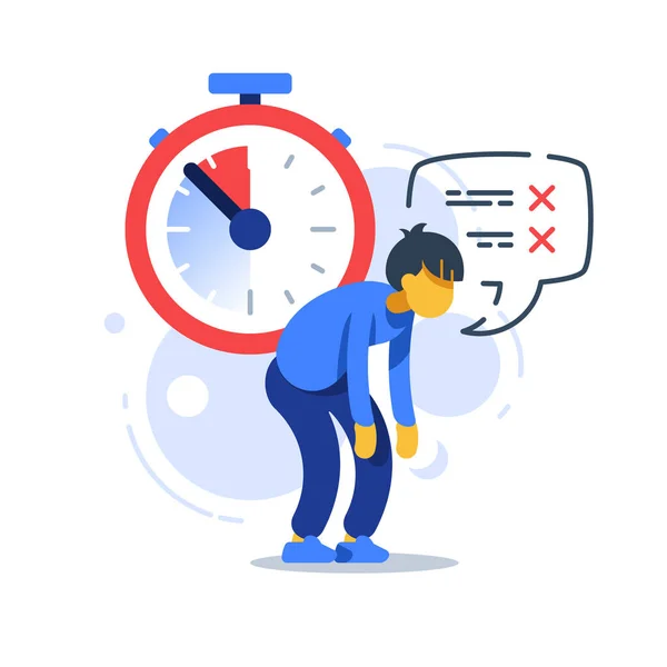 Time management, deadline clock, tired man, procrastination concept — Stockový vektor