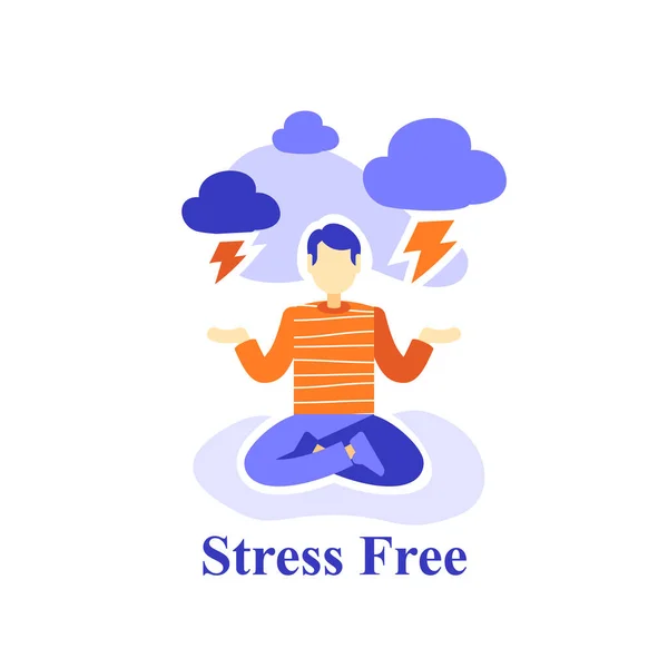 Hombre meditando práctica, libre de estrés, control de emociones, suprimir malos sentimientos, salud mental, pensamiento positivo, yoga de la pose del loto — Vector de stock