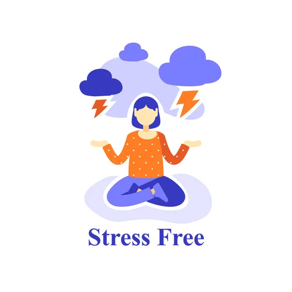 Kvinna meditera praktiken, stress fri, emotion kontroll, undertrycka dåliga känslor, psykisk hälsa, positivt tänkande, lotus pose yoga — Stock vektor