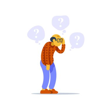 Old man standing and thinking, concerned senior person, question mark bubble, scratching head clipart