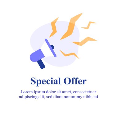 Olay anonsu, yıldırımlı sıcak megafon, hoparlörden bağırma, özel teklif konsepti.