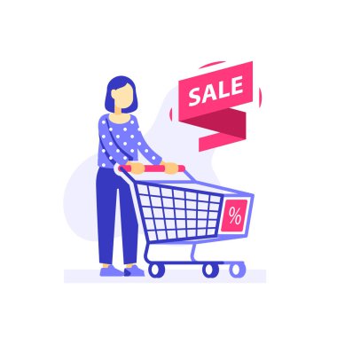 Boş alışveriş arabası olan kadın, özel teklif, indirim ya da indirim mağazası, tüketici kişi.