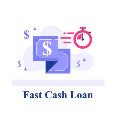Fast cash loan, dollar bill and stopwatch, financial solution, micro lending, easy money transfer clipart