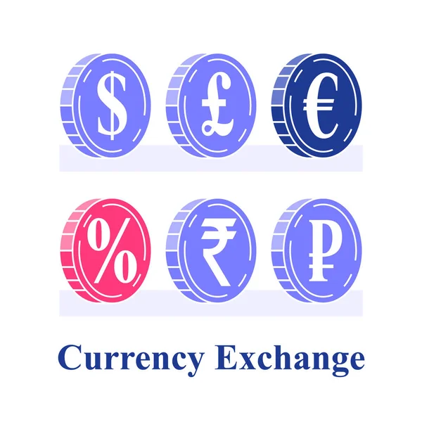 Валютний обмін, рупія та символи рубля, євро та фунтові монети, знак відсотка, заощаджуйте гроші — стоковий вектор
