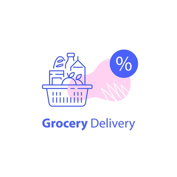 Pełny koszyk, sklep spożywczy, specjalna oferta supermarketu, dostawa żywności — Wektor stockowy