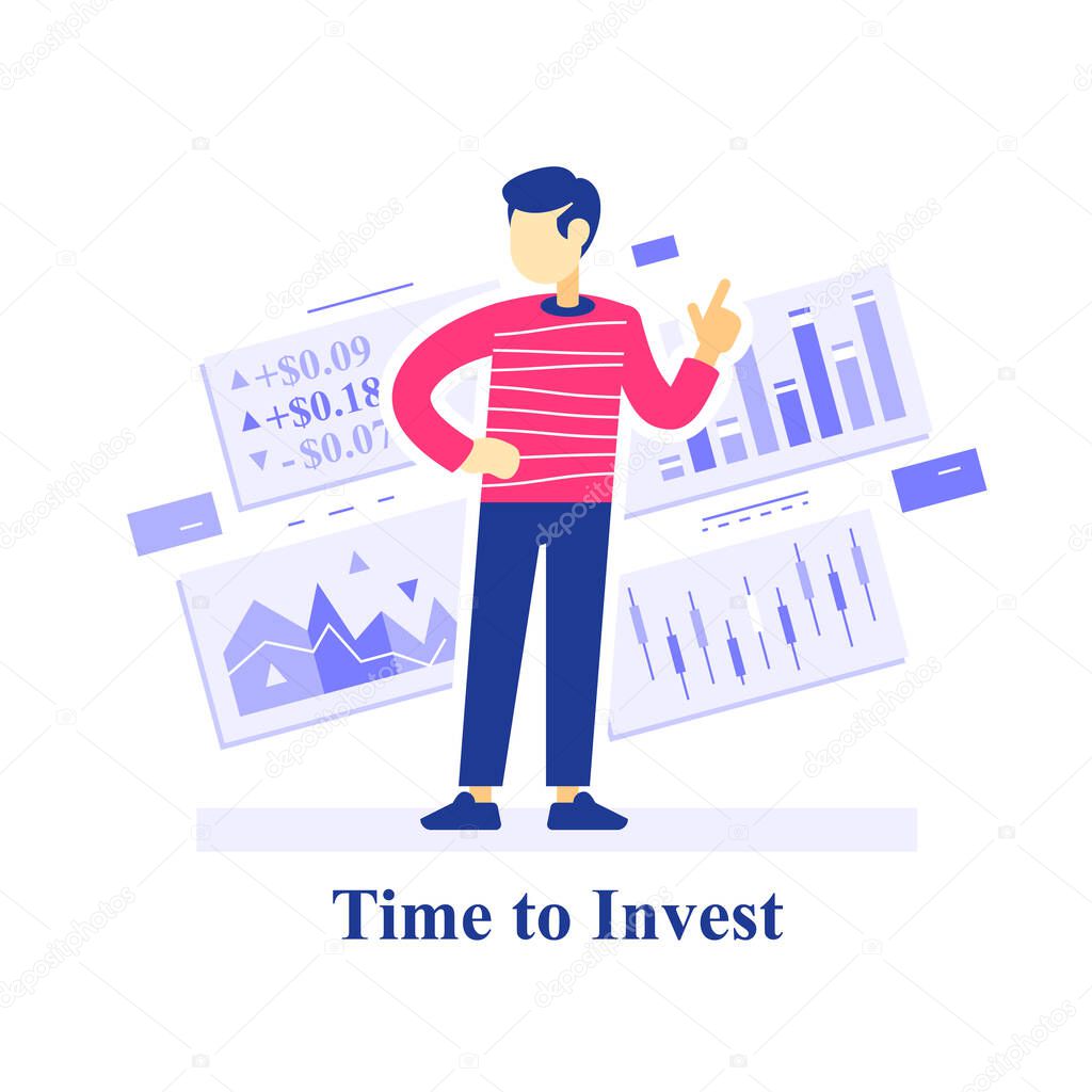 Time to invest concept, successful investment strategy, stock market assessment,  learn trading