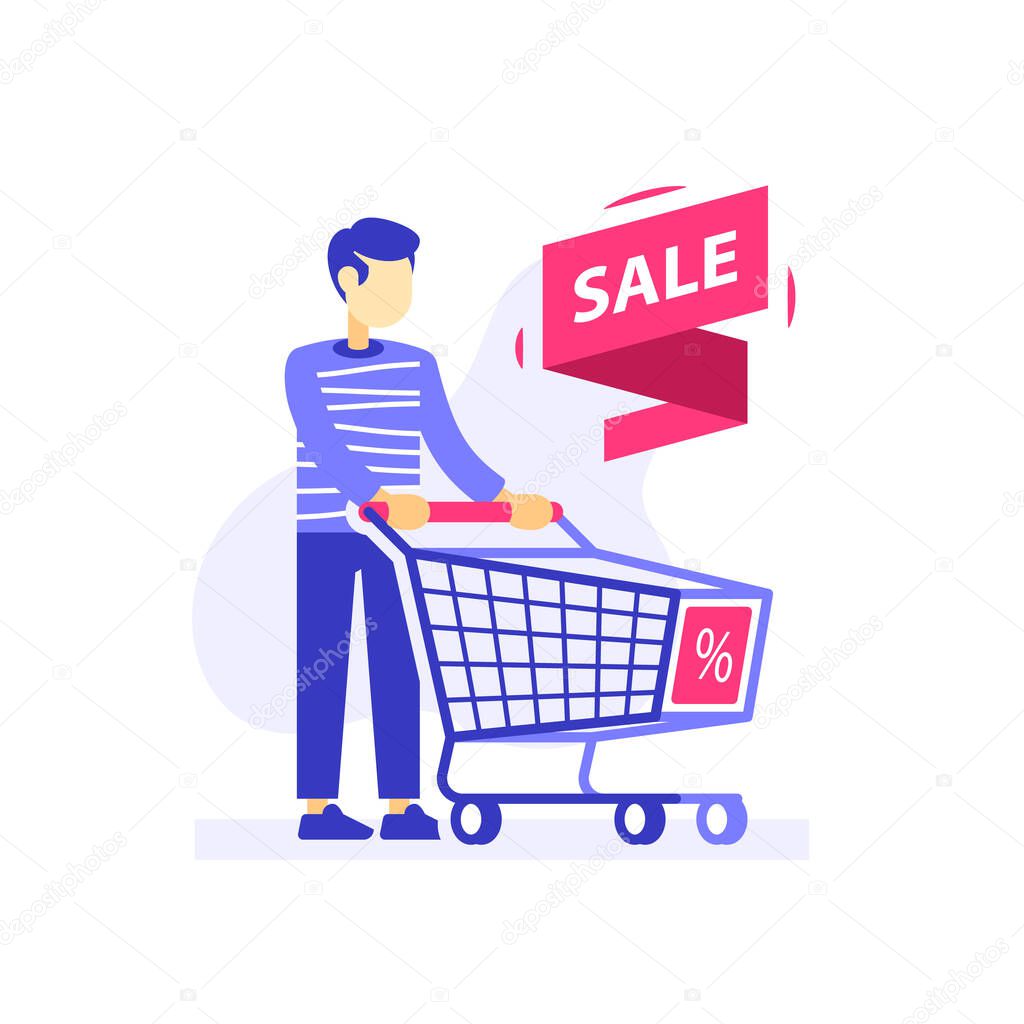 Man with empty shopping cart, special offer, sale or discount store, consumer person