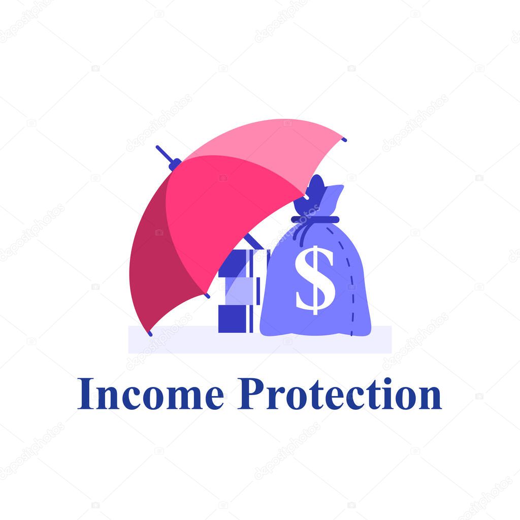 Income protection, financial coverage, savings for rainy day, money bag under umbrella, finance safety