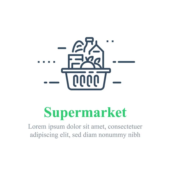 Teljes bevásárlókosár, szupermarket ajánlat, élelmiszer szállítás — Stock Vector