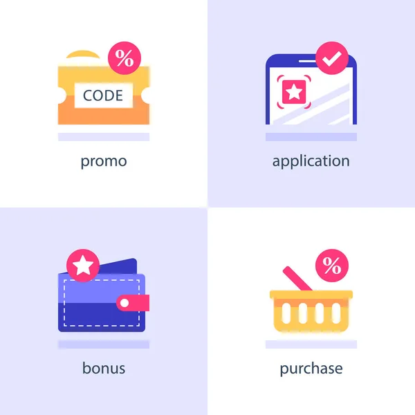 스마트폰으로 앱을 다운로드하여 설치하고 포인트를 얻고 보너스를 회수하고 프로 모 코드를 등록하고 활성화 합니다. — 스톡 벡터