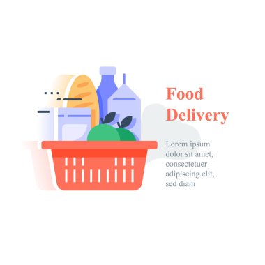 Tam kırmızı alışveriş sepeti, süpermarket ürünleri bolluğu, gıda alışverişi ve ev teslimatı.