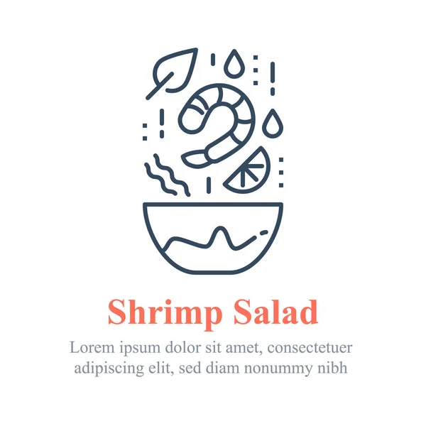 Deliziosa insalata di gamberetti, ricetta di frutti di mare, mangiare cibo sano, ciotola completa, ingredienti che cadono — Vettoriale Stock