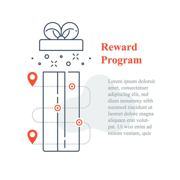 Verrassingsgeschenkdoos open, beloningsprogramma, incentive aanwezig, speciale prijs winnen, Loyaliteit punten verdienen — Stockvector