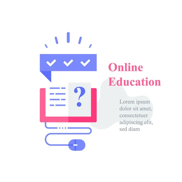 Online utbildning koncept, öppen bok och frågetecken, läromedel, utbildning kurs, examen förberedelse — Stock vektor