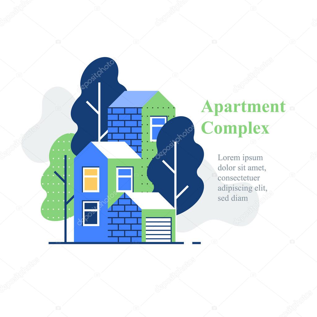 Apartment complex, residential neighborhood, house building and development, green area, vector icon, flat illustration