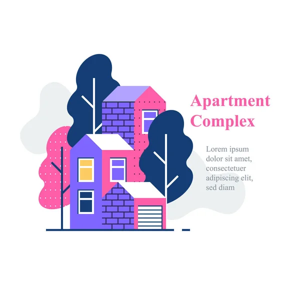 Complejo de apartamentos, barrio residencial, edificio de viviendas y desarrollo — Vector de stock