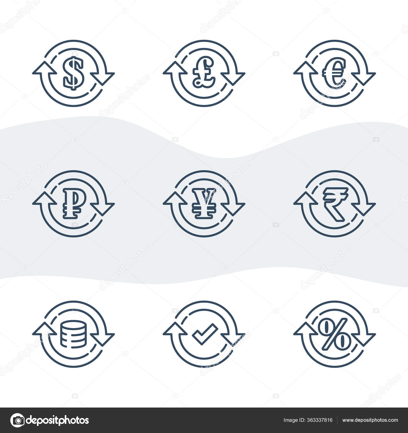 货币兑换、金融服务、英镑和欧元、圆箭头中的美元符号图库矢量图©Stmool 363337816