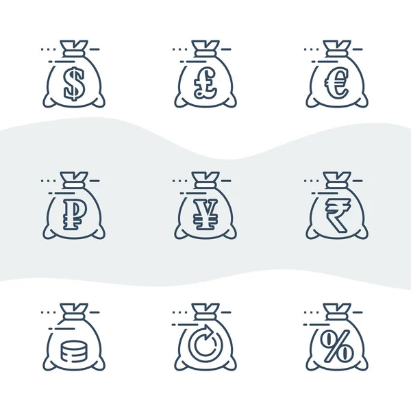 Ensemble d'icône de ligne de sac d'argent, change de devises, signe de livre et d'euro, symbole de rouble et de roupie, yen et sac — Image vectorielle
