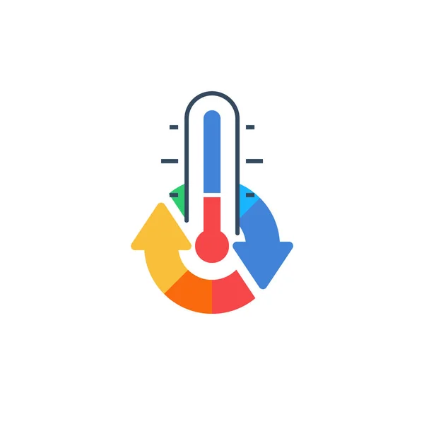 温度計のアイコン、温度条件、気候制御、断熱ソリューション、空気循環 — ストックベクタ
