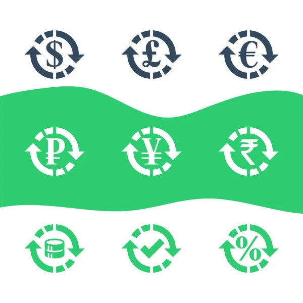 Cambio valuta, servizi finanziari, sterlina ed euro, simbolo del dollaro in cerchio freccia Illustrazione Stock