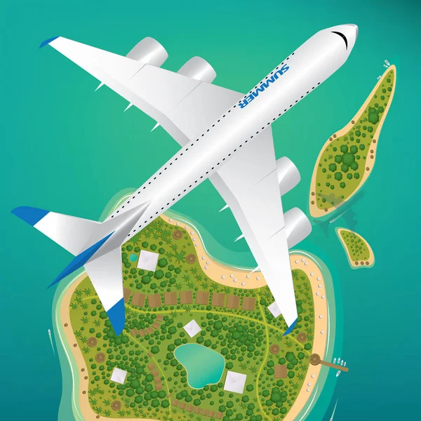 Aircraft flies over few tropical islands — Stock Vector