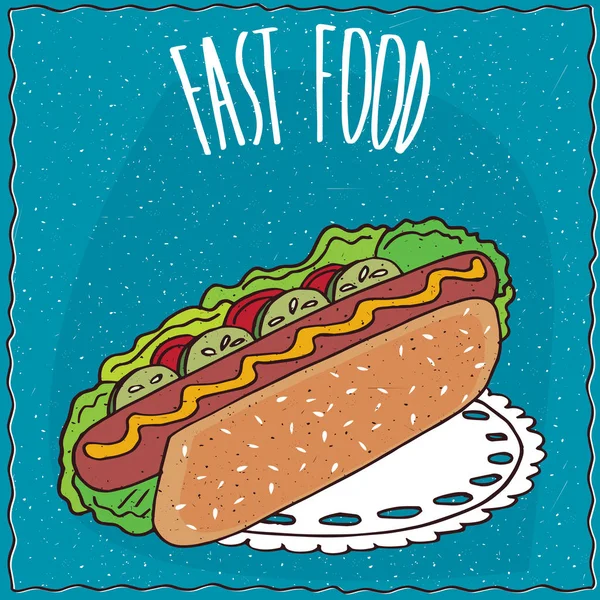 Hot dog appétissant en style dessin animé fait à la main — Image vectorielle