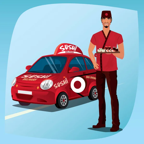 Hombre asiático con sushi y el coche — Archivo Imágenes Vectoriales