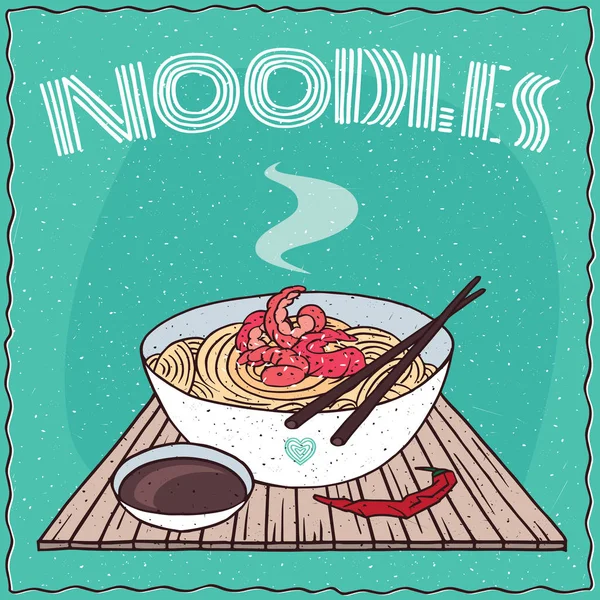 Aziatische noedels Ramen of Udon met garnalen — Stockvector