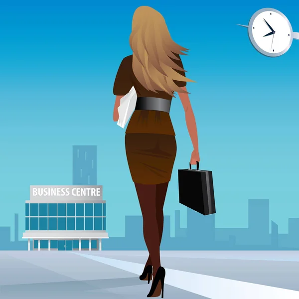 Бізнес-леді йдуть на роботу в бізнес-центрі — стоковий вектор