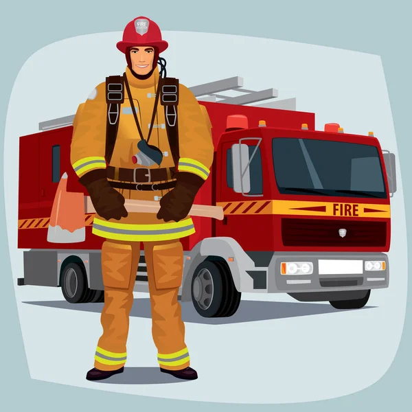 Firefighter or fireman with fire truck — Stock Vector