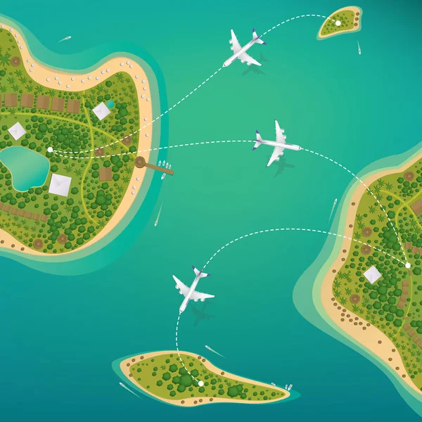 热带岛屿与海滩之间的航班 — 图库矢量图片