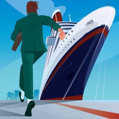 Man at the dock running to the ship clipart