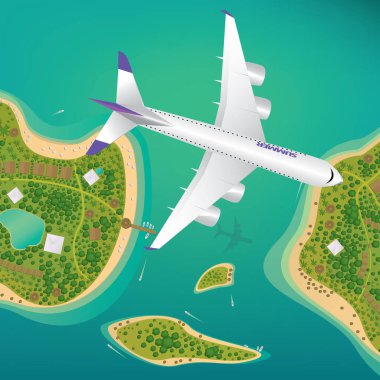 Plane flies over a few tropical islands