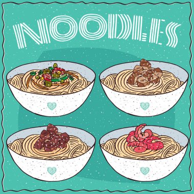 Dört Asya noodles Ramen veya Udon kümesi