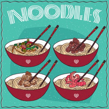 Dört Çin eriştesi Ramen veya Udon kümesi