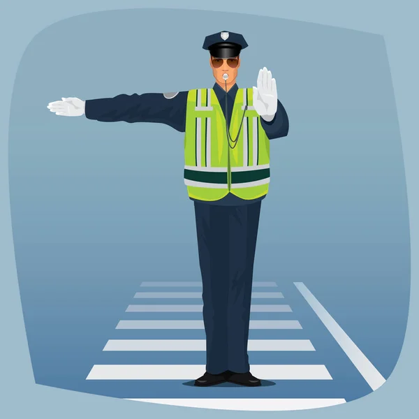 Officer of traffic police standing at crossroads — Stock Vector