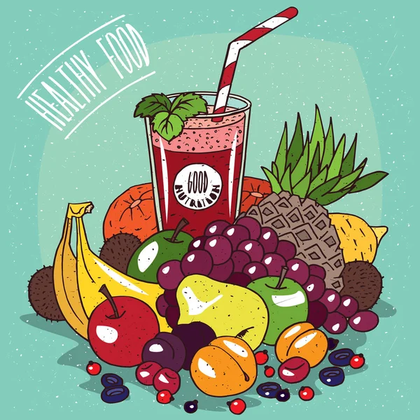 Montón de frutas y vaso de zumo de frutas — Vector de stock