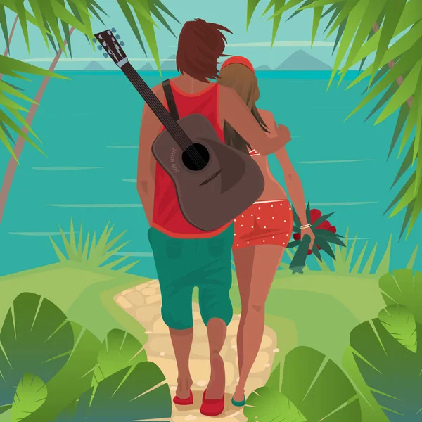 Romantic couple hugs on the island — Stock Vector