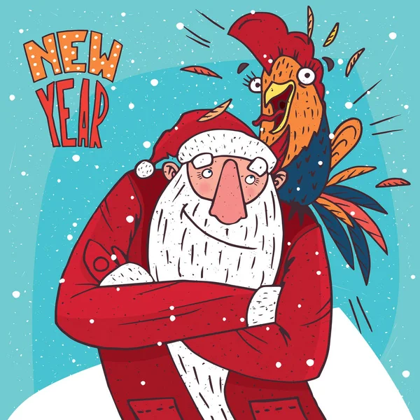 Papai Noel com galo no ombro —  Vetores de Stock