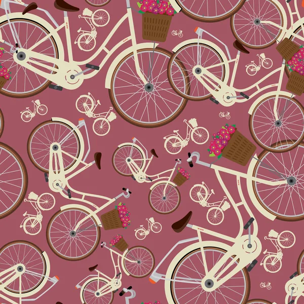 Seamless red pattern with city bicycles — Stock Vector
