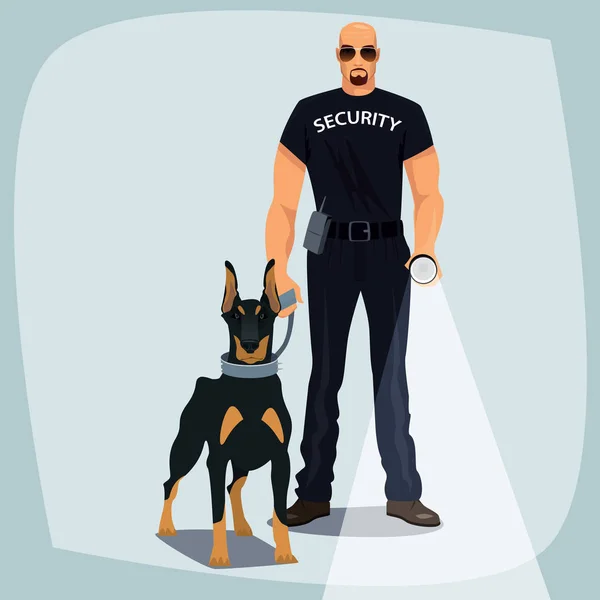 Oficial de seguridad con correa perro protector — Vector de stock