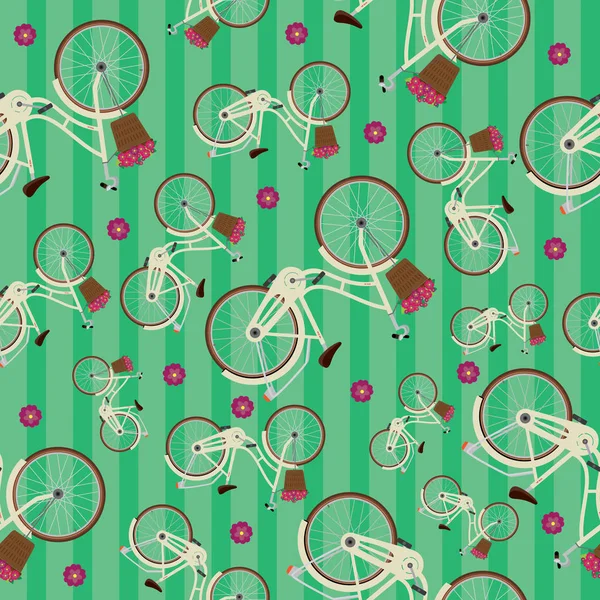 Seamless striped green pattern with bicycles — Stock Vector