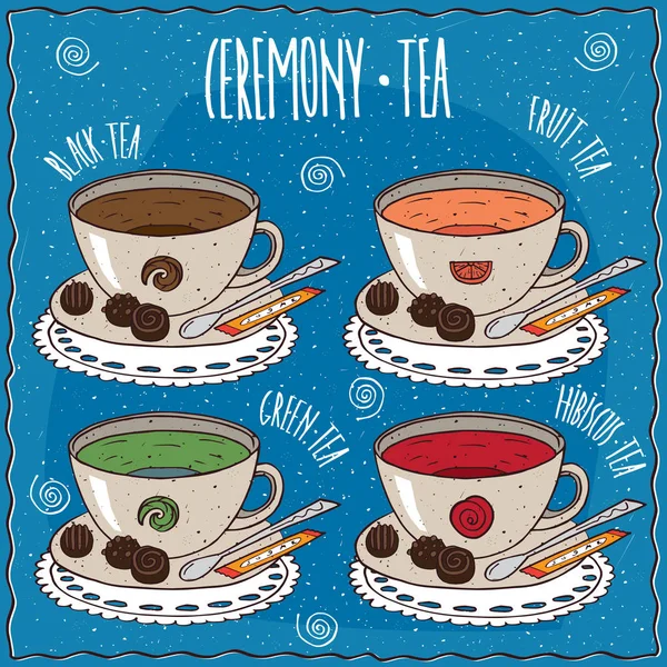 Set di tazze con tè diverso in stile cartone animato — Vettoriale Stock